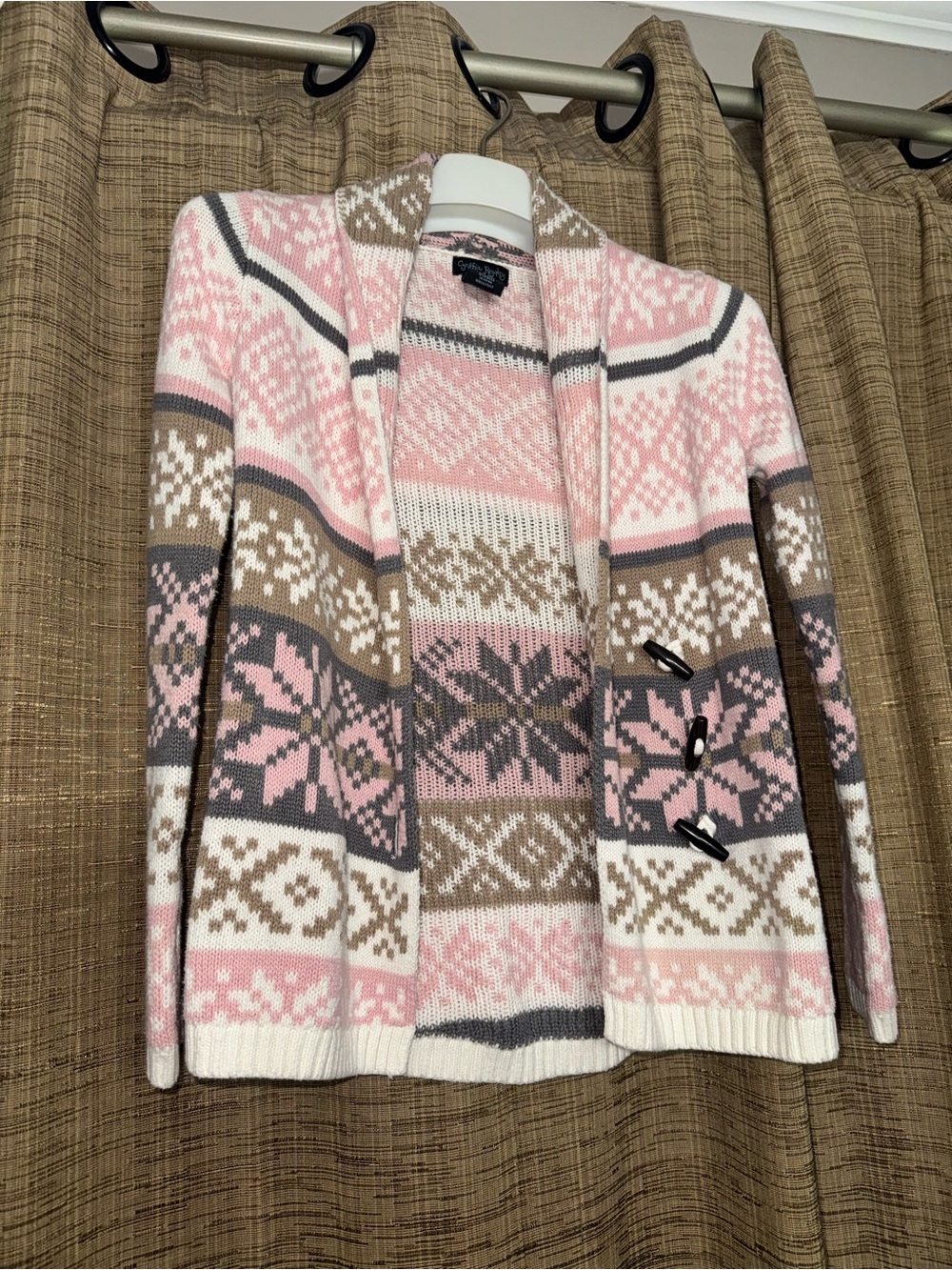 Cynthia Rowley Pink Cream Gray Fair Isle Toggle Cardigan Sweater